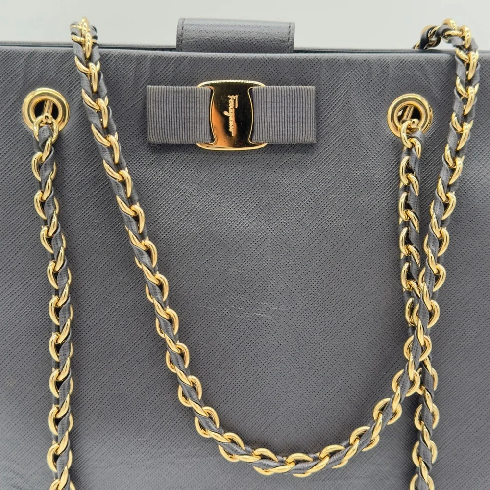 Salvatore Ferragamo Leather Chain Tote Bag Handbag Grey Gold - Picture 7 of 16